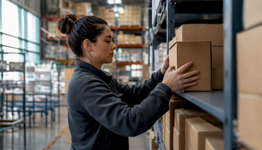Hands counting stock boxes in warehouse