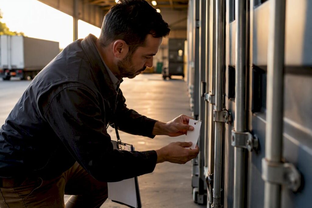 Hands tagging shipments in warehouse dock