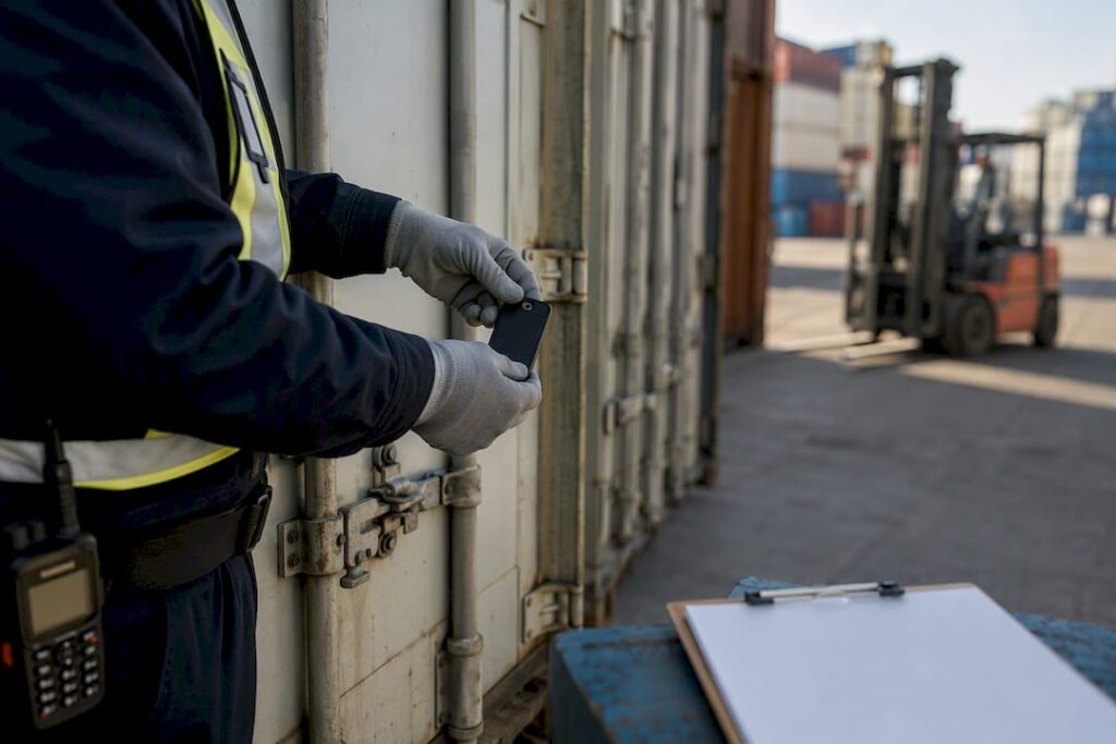 Hands tagging shipping container for risk