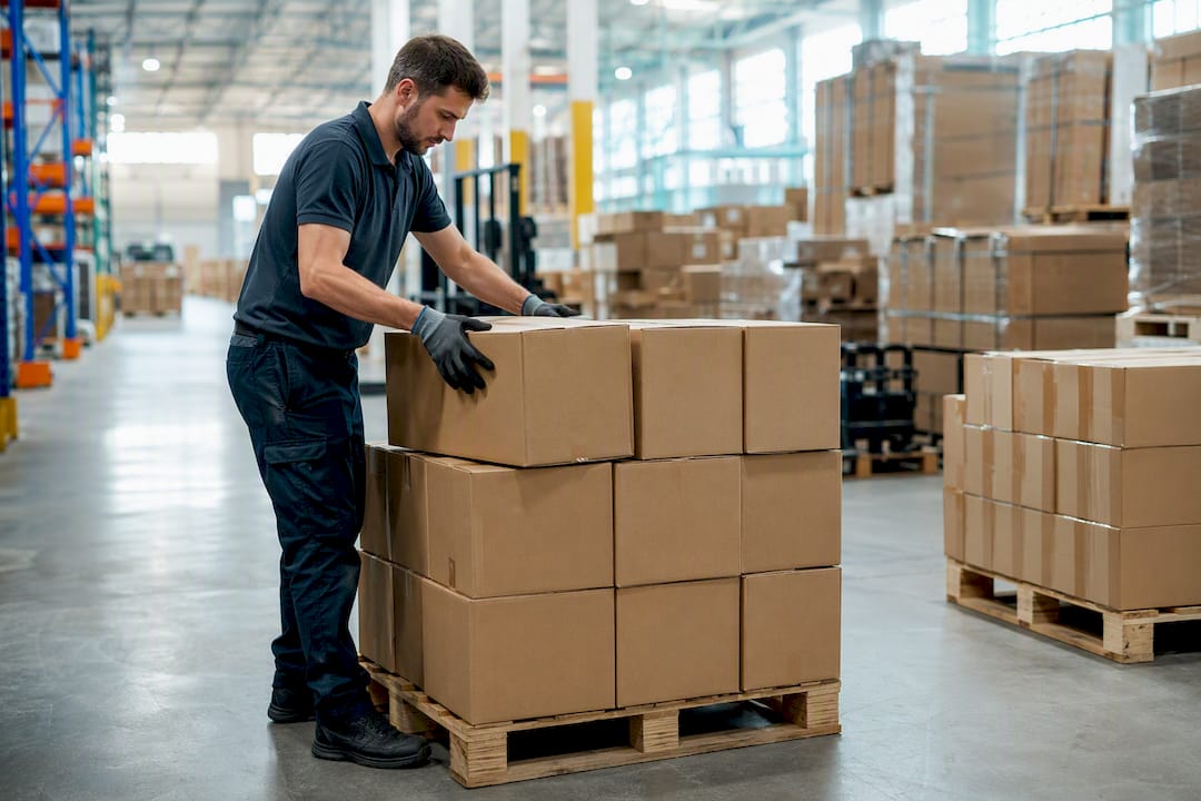 Hands stacking labeled boxes in warehouse