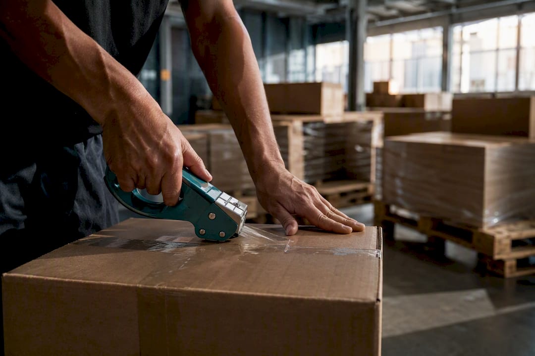 Hands taping and preparing shipment boxes