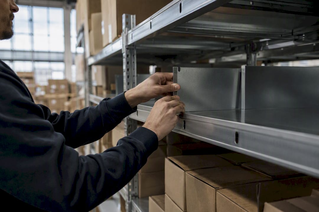 Hands adjusting warehouse shelf slots