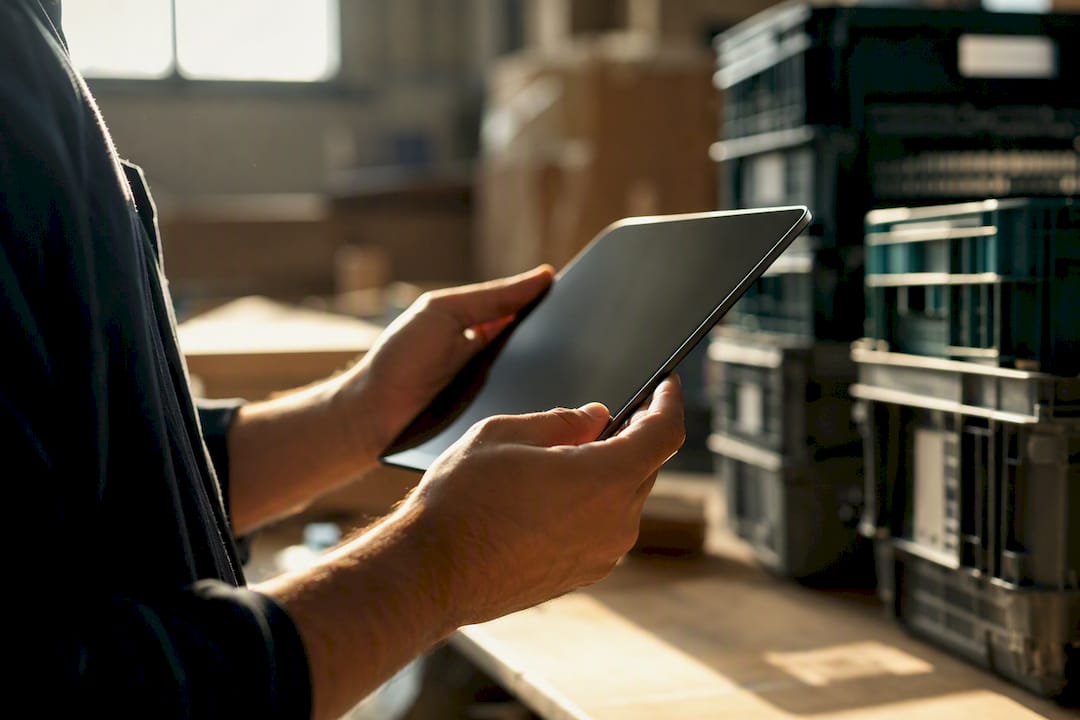 Hands validating logistics data with calculator