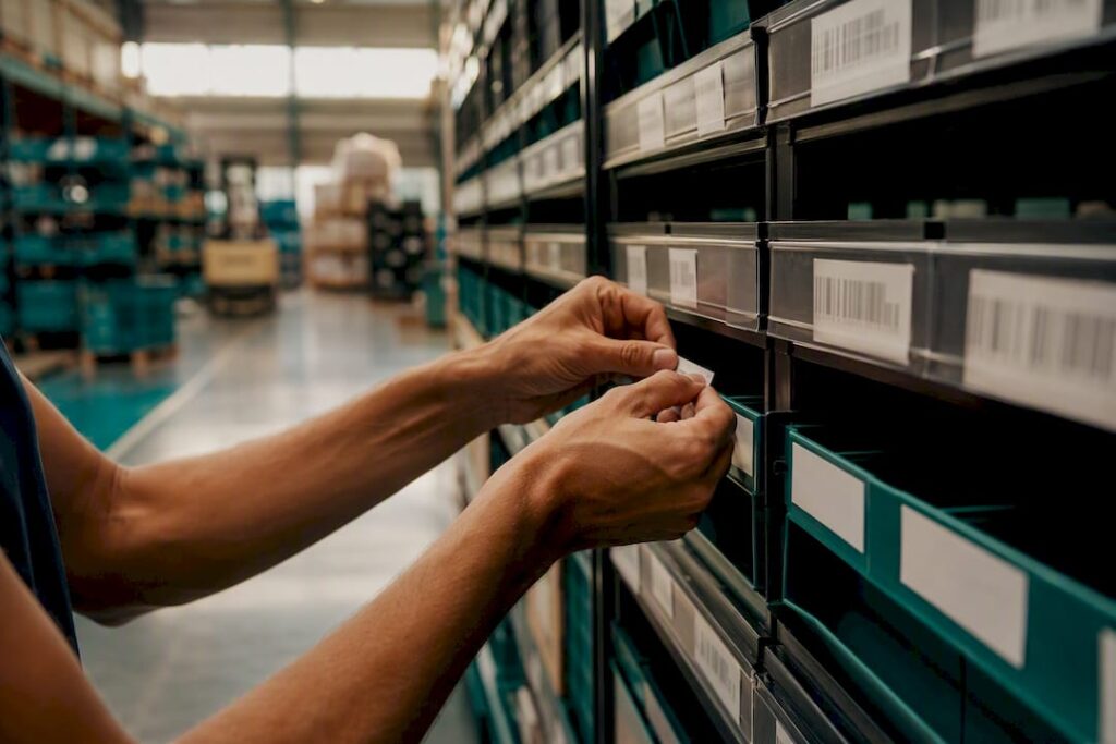 Hands adjusting warehouse shelving labels