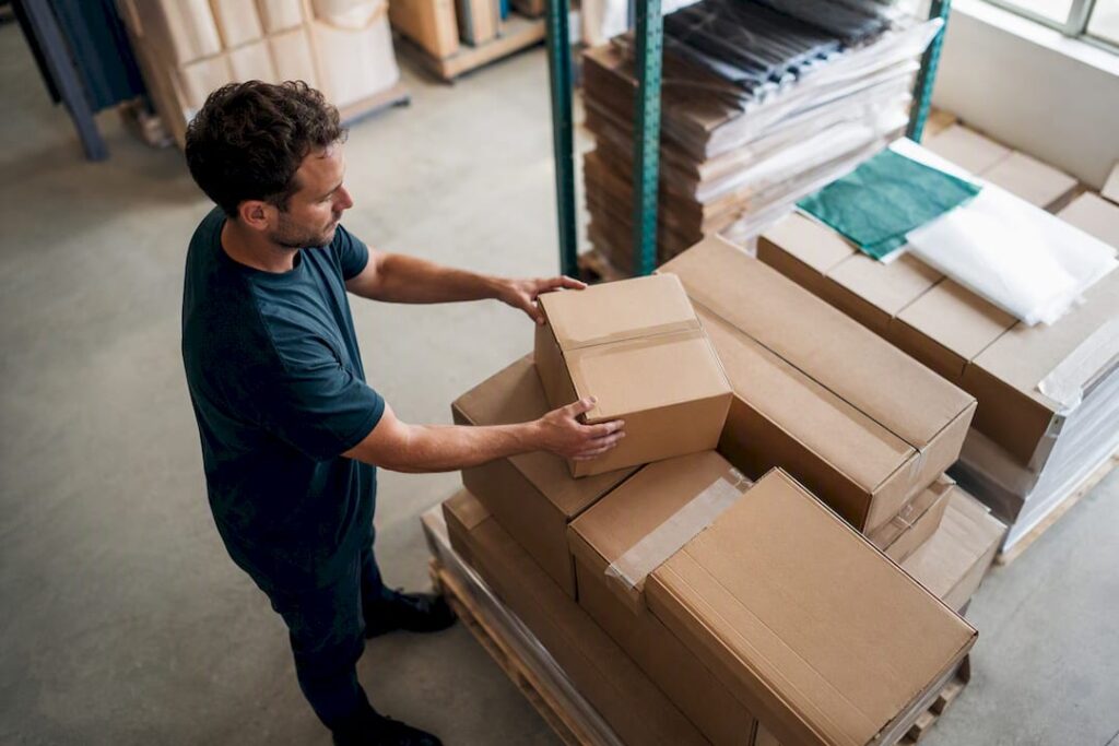 Hands adjusting smaller box on a warehouse pallet