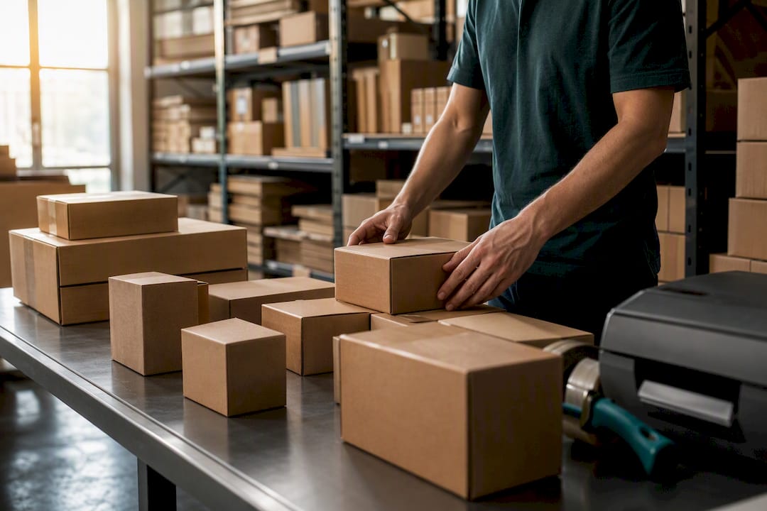 Hands sorting boxes by size on warehouse table