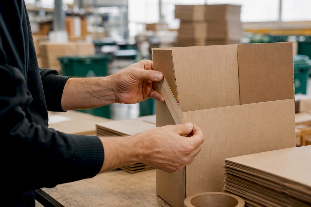 Hands assembling recyclable corrugated box
