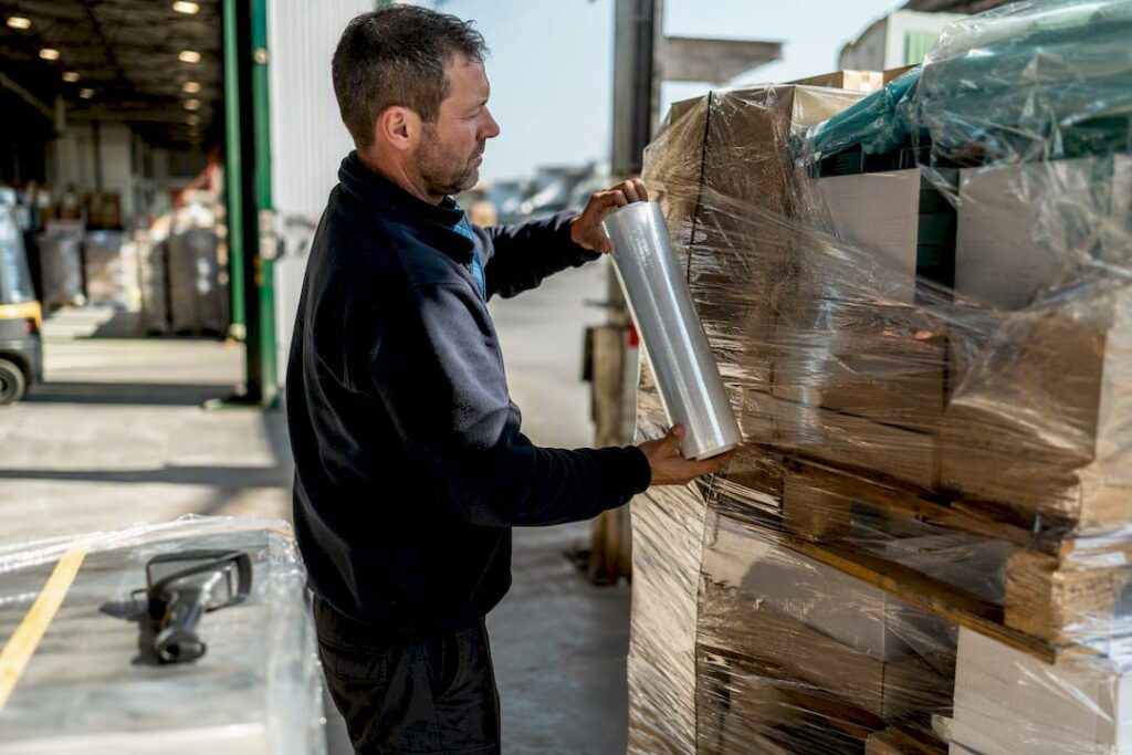 Hands securing freight pallets at shipping dock