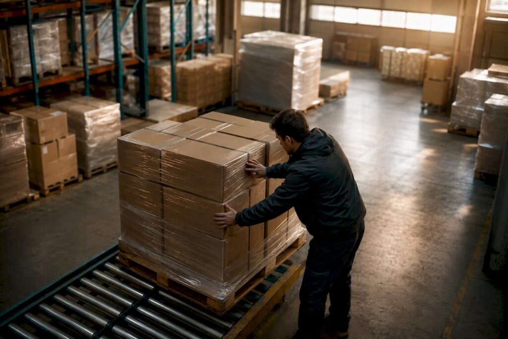 Hands securing freight pallets on dock