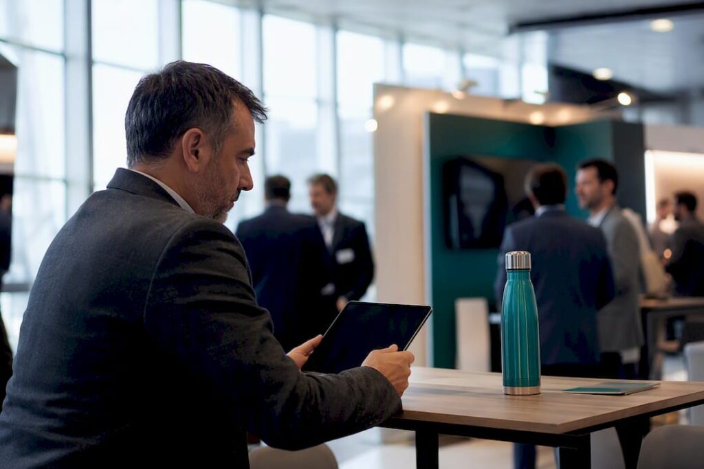 Attendee charging tablet at conference booth
