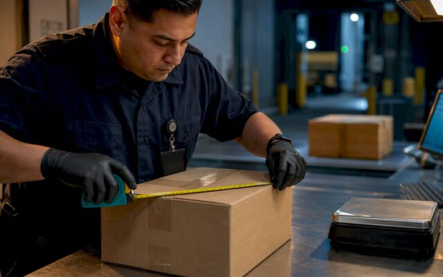 Customs specialist measuring parcel for entry