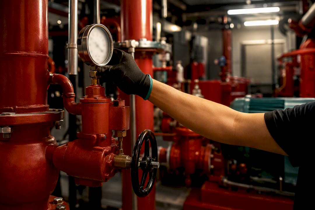 Technician checking fire pump pressure gauge