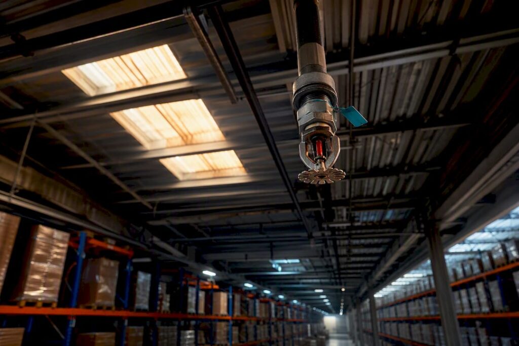 ESFR sprinkler heads above warehouse storage racks
