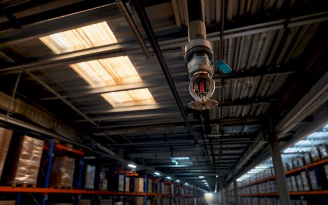 ESFR sprinkler heads above warehouse storage racks