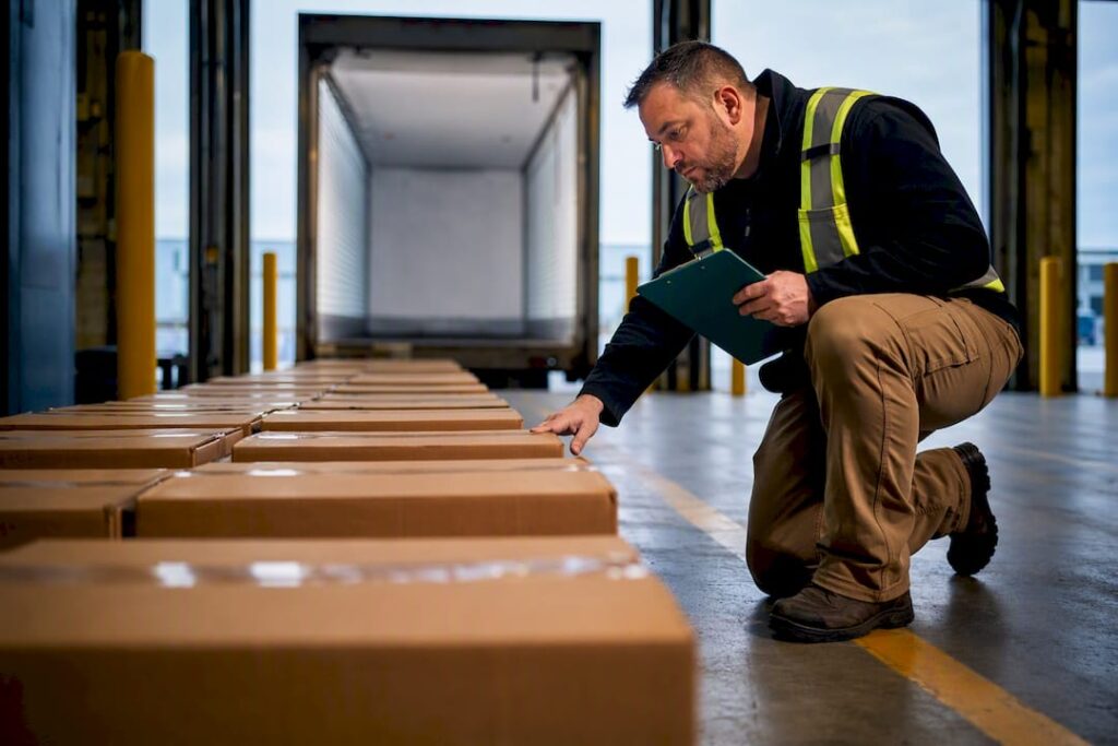 Cases staged for warehouse carrier pickup