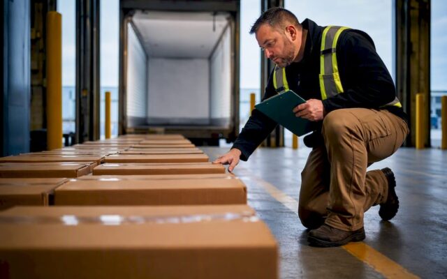 Cases staged for warehouse carrier pickup