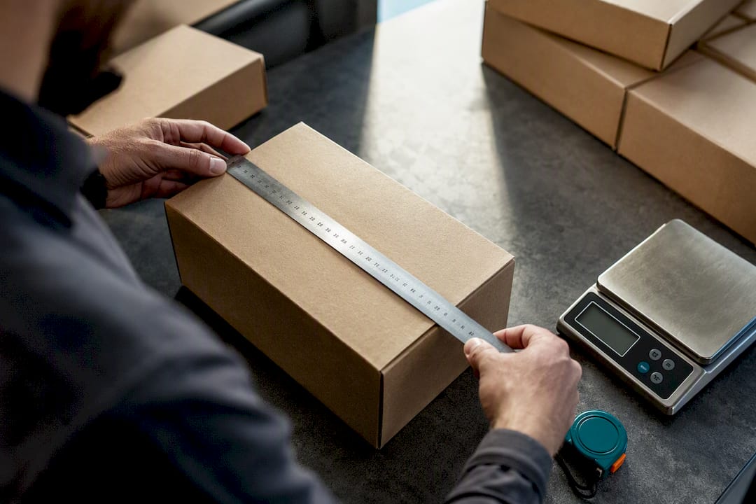 Hands measuring SKU dimensions on audit bench