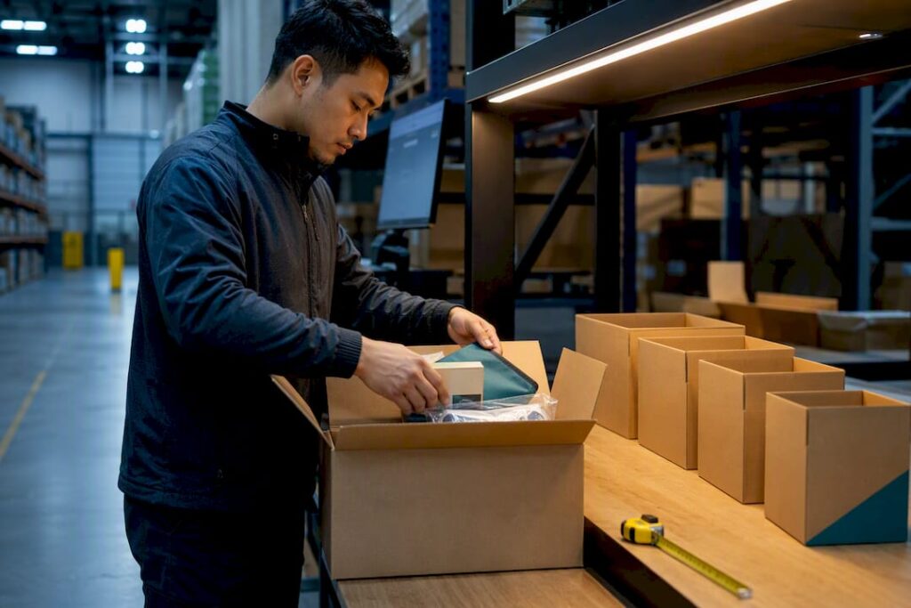 Operator packing items into selected shipping carton