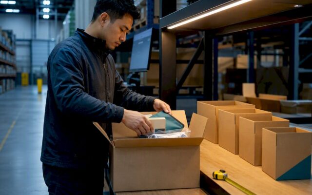 Operator packing items into selected shipping carton
