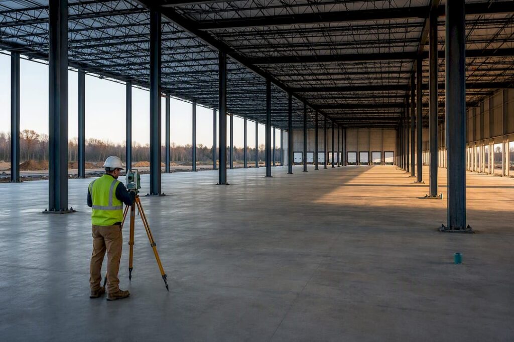 Unfinished warehouse shell with structural columns