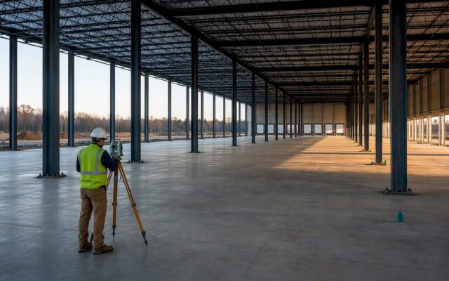 Unfinished warehouse shell with structural columns