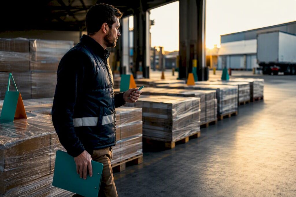 Shift lead inspecting warehouse operations