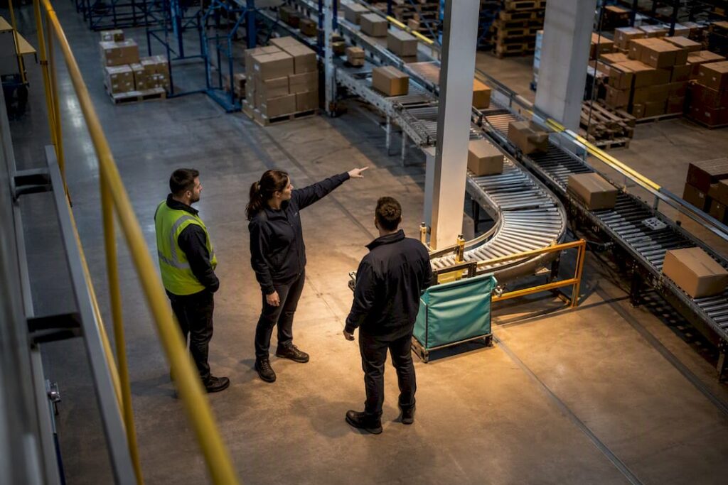 Operators reviewing a warehouse workflow