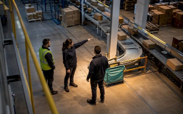 Operators reviewing a warehouse workflow