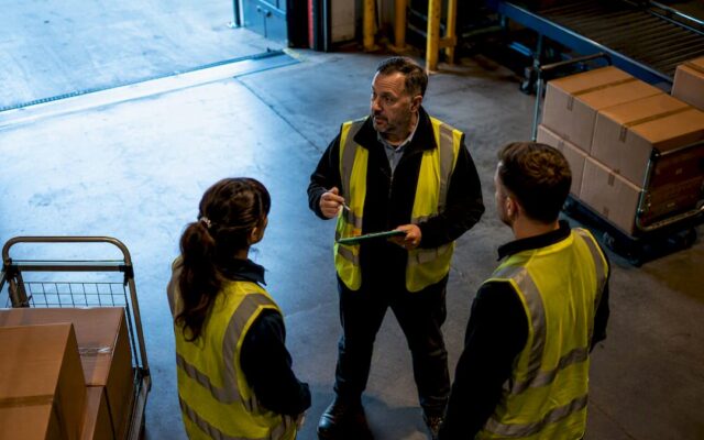 Supervisor leading warehouse workflow change huddle