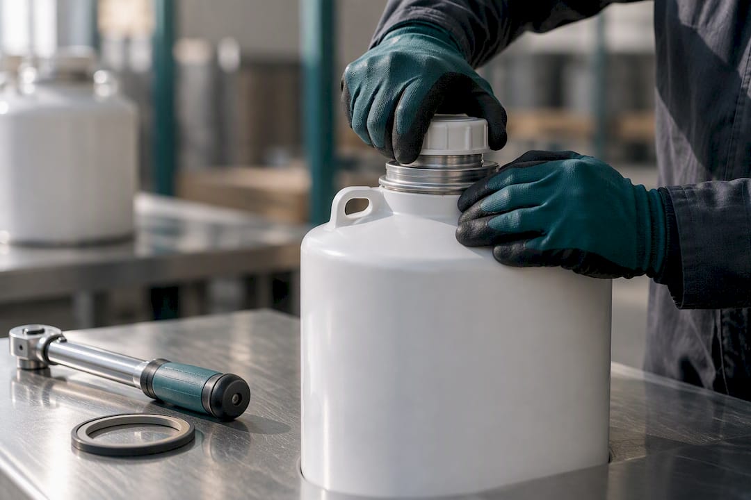 Gloved hands securing a hazmat container closure