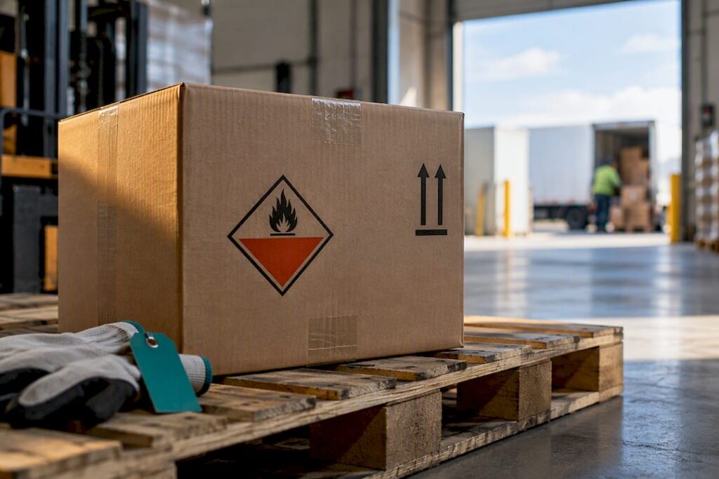 Hazmat package staged for compliant shipment