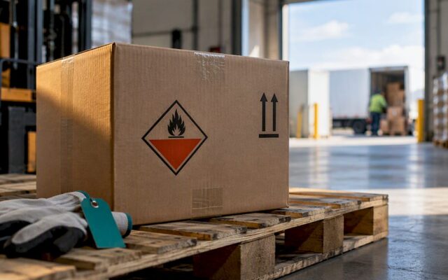 Hazmat package staged for compliant shipment