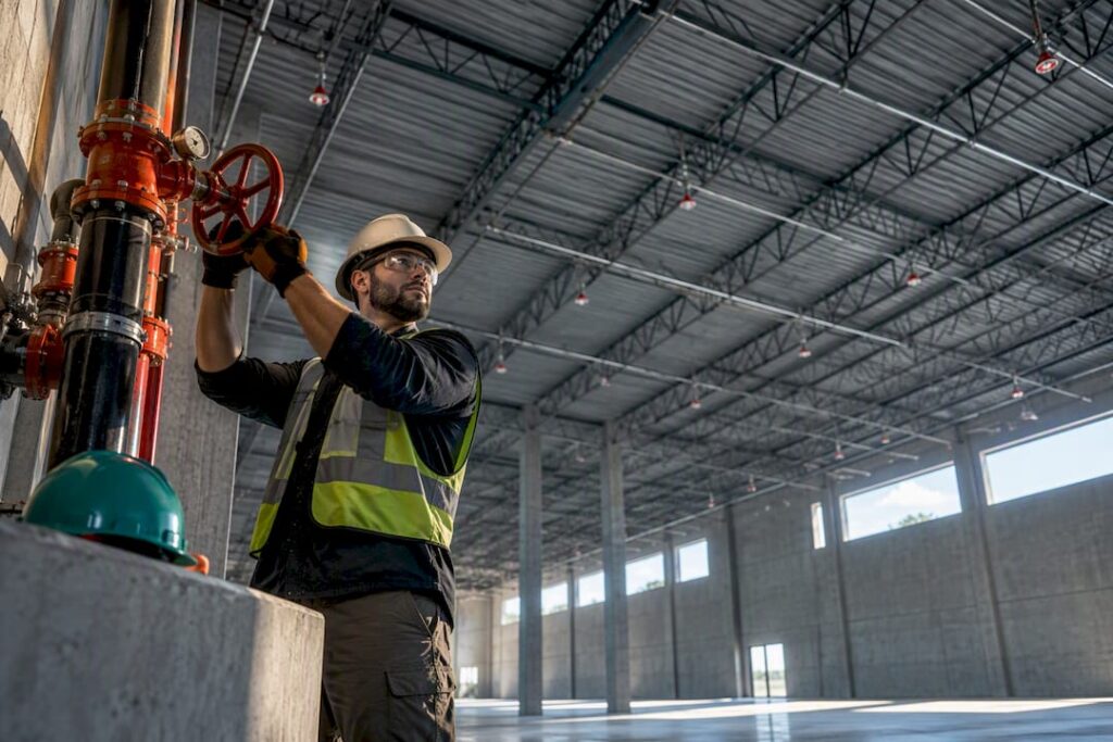 Inspector testing warehouse fire suppression system