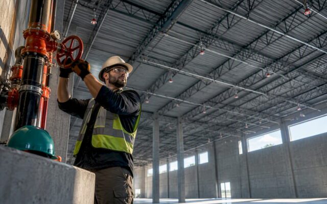 Inspector testing warehouse fire suppression system
