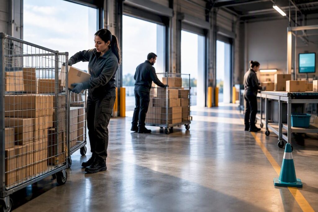 Warehouse team sorting returned cartons