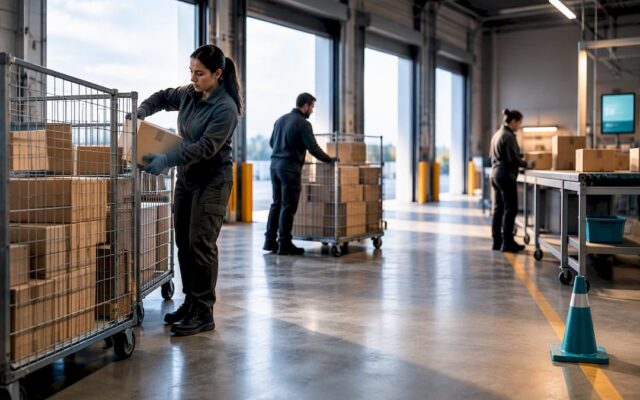 Warehouse team sorting returned cartons