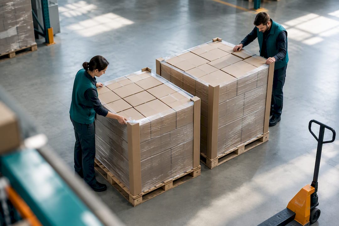 Right-sized cartons arranged on warehouse pallets
