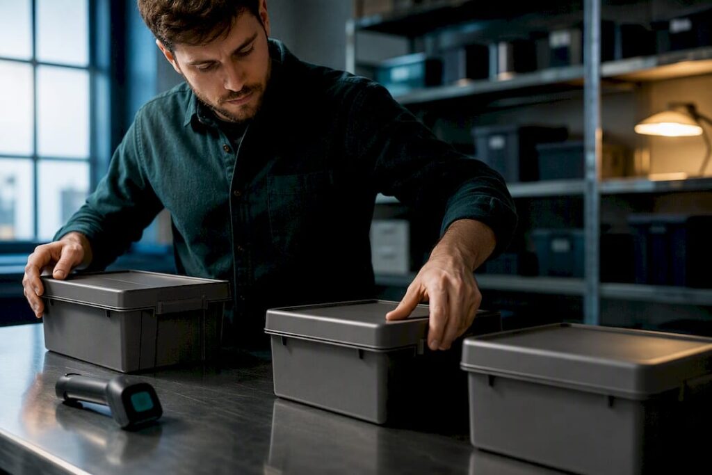 Analyst sorting inventory totes for SKU classification