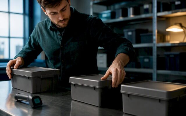 Analyst sorting inventory totes for SKU classification