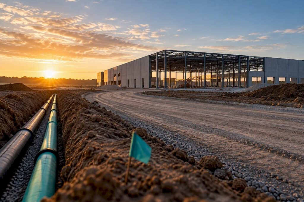 Warehouse site with new utility infrastructure