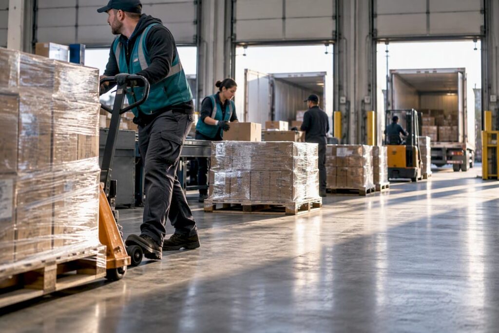 Workers sorting consolidated freight in cross-dock