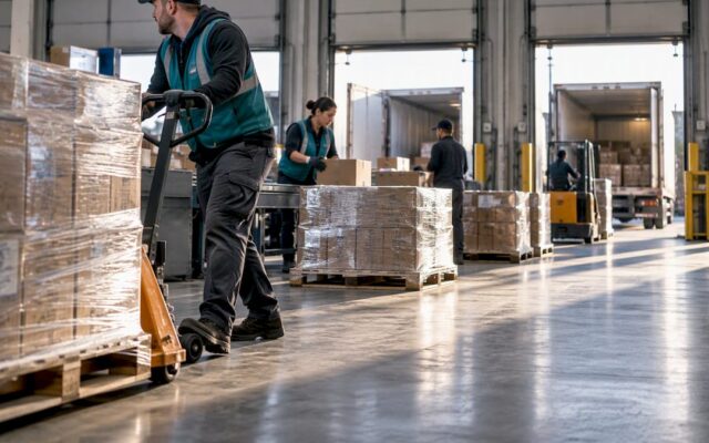 Workers sorting consolidated freight in cross-dock