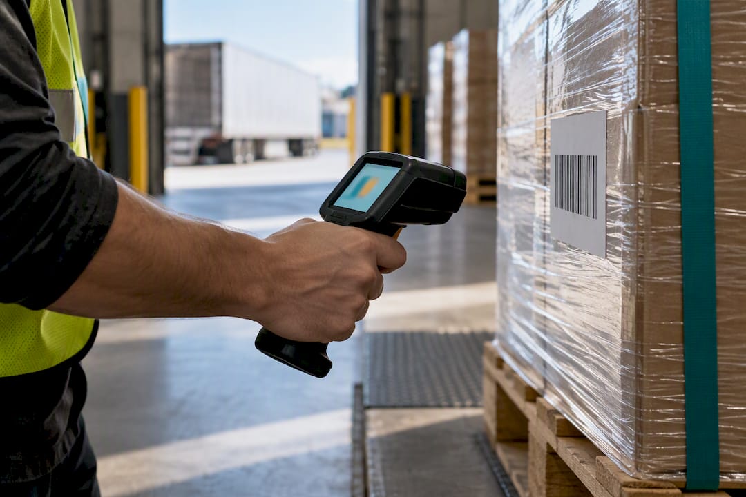 Worker scanning pallet at cross-dock arrival