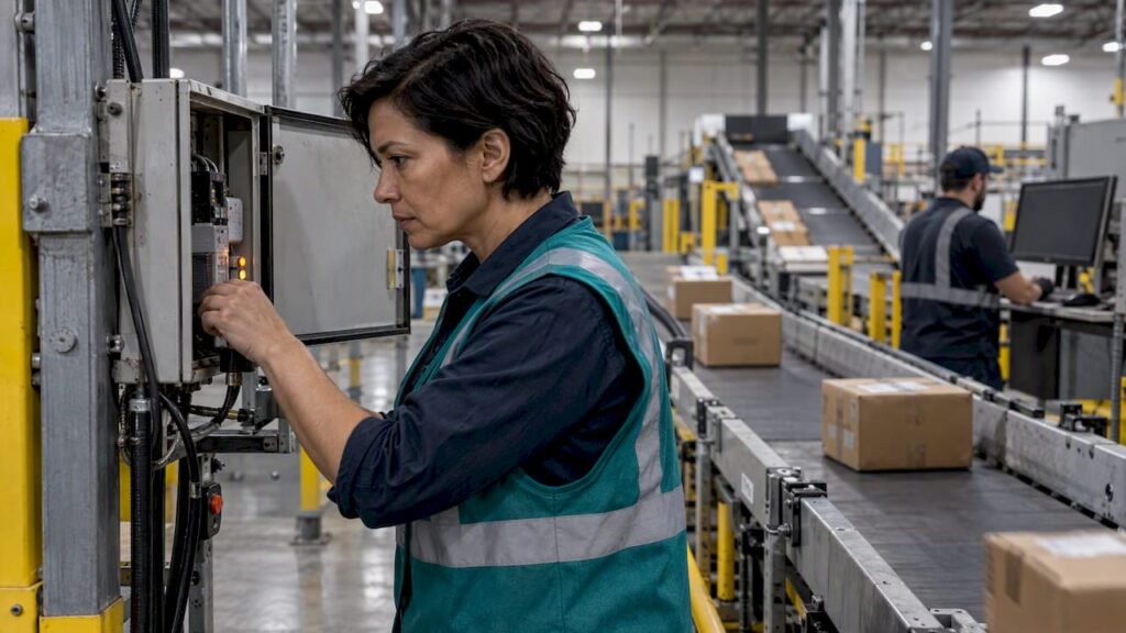 Operator comparing warehouse equipment with digital twin