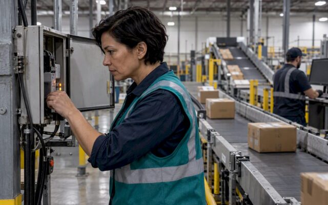 Operator comparing warehouse equipment with digital twin