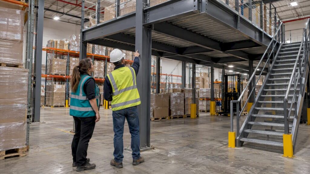 Engineer inspecting warehouse mezzanine structure