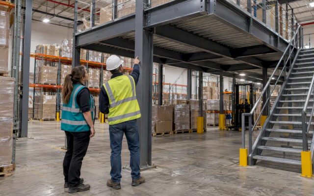 Engineer inspecting warehouse mezzanine structure