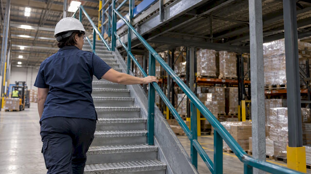 Safety lead checking mezzanine stairs and rails