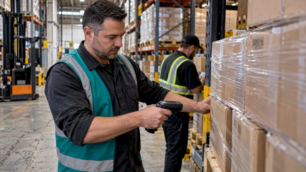 Manager conducting live warehouse inventory check