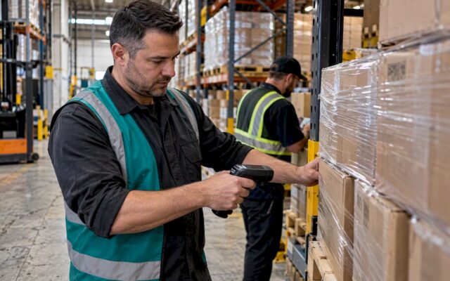 Manager conducting live warehouse inventory check